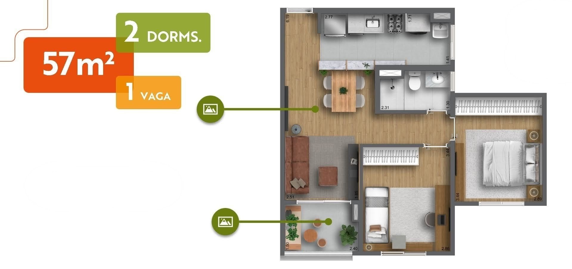 Planta 57m² - 2 Dormitórios
